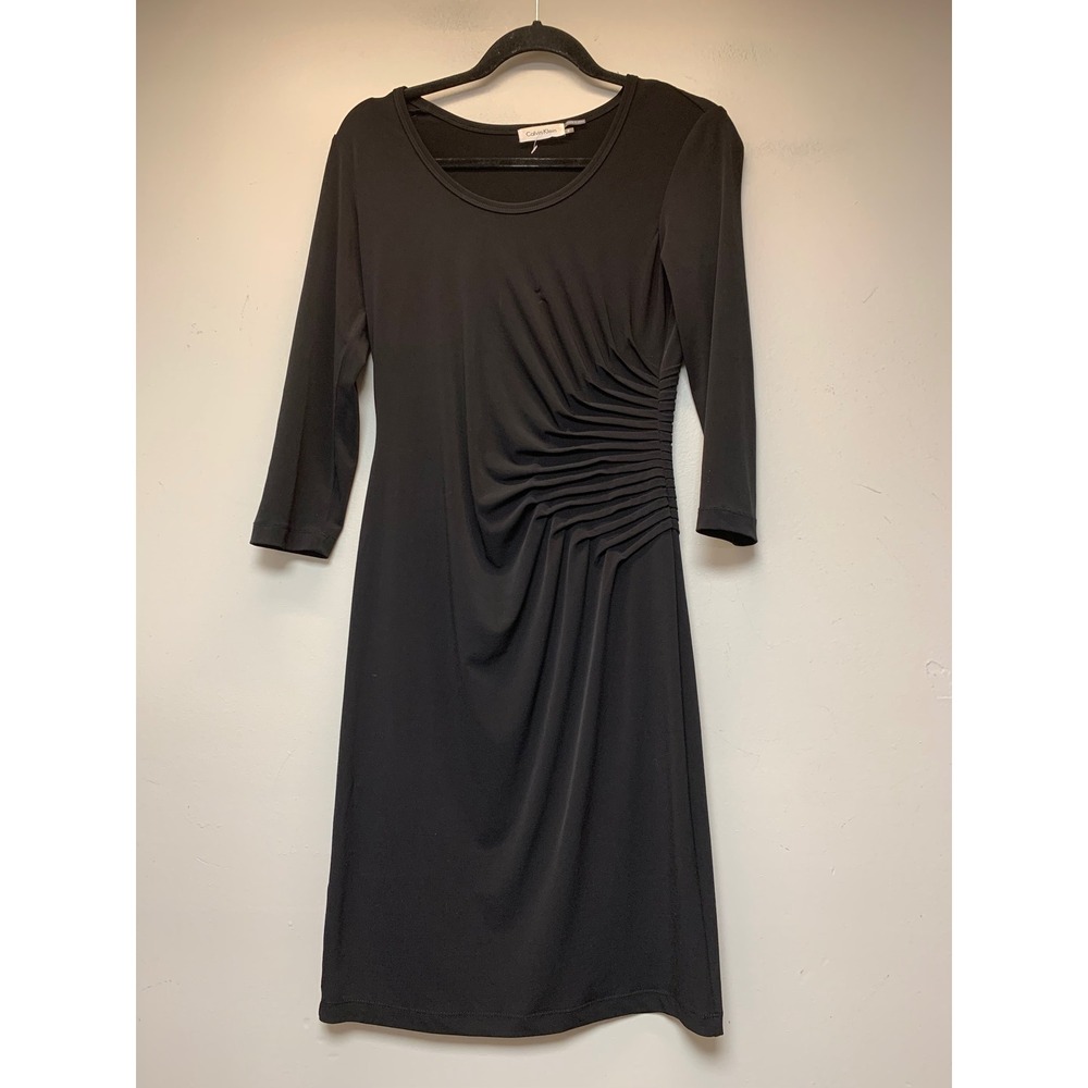 Calvin Klein‎ Sheath Dress Womens 2 Black Excellent Ruched Side 3/4 Sleeve LBD